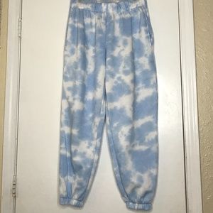 Fleece sweatpants with blue and white tie dye